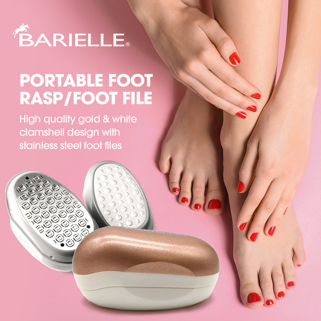 Barielle Portable Oval Gold & White Clamshell Foot File / Foot Rasp - with Stainless Steel Foot Files