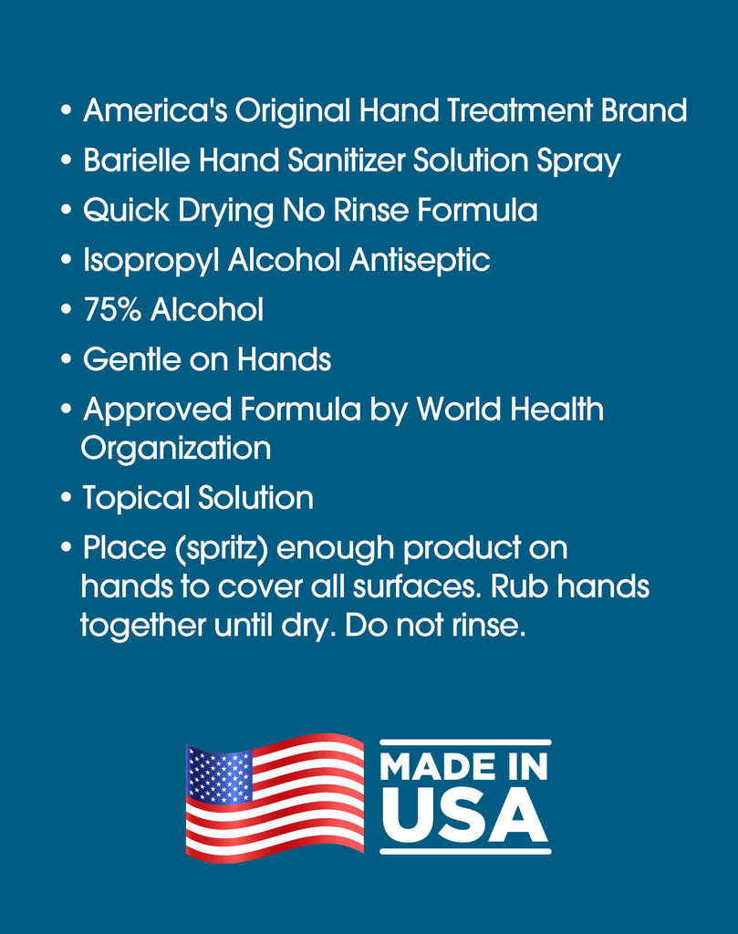 Barielle Hand Sanitizer Solution Spray - Quick Drying No Rinse Formula, 75% Alcohol 4 oz.