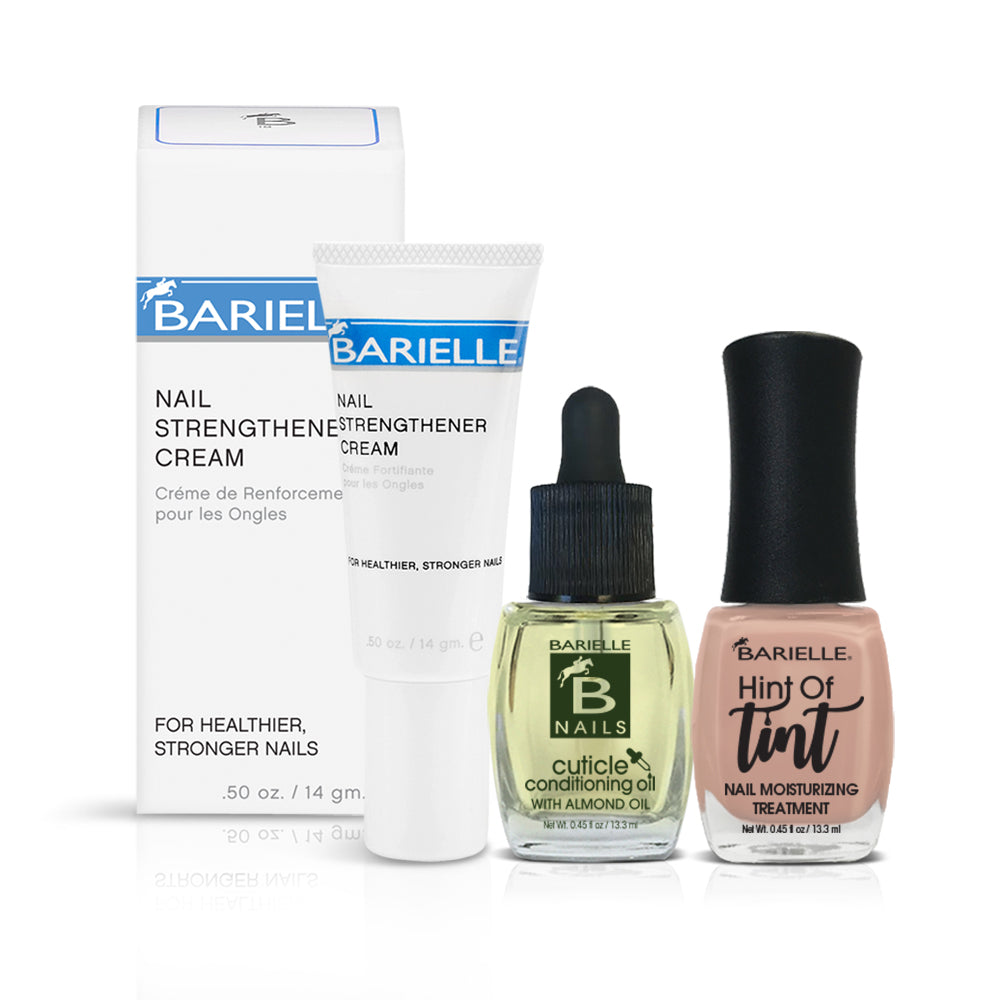Barielle Hint of Tan Bundle nourishes and strengthens your nails while giving an elegant, neutral shade to nails. Bundle includes travel size Nail Strengthener Cream, Cuticle Conditioning Oil and Hint of Tint Nail Moisturizing Treatment in Hint of Tan.